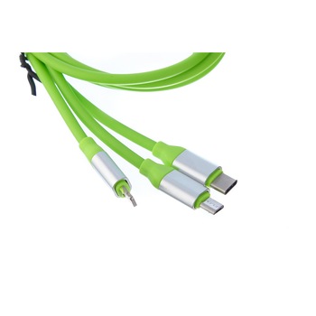 Cablu de Incarcare 3 in 1, MicroUSB, USB tip C, Iphone, 1 metru, Gumat, Verde
