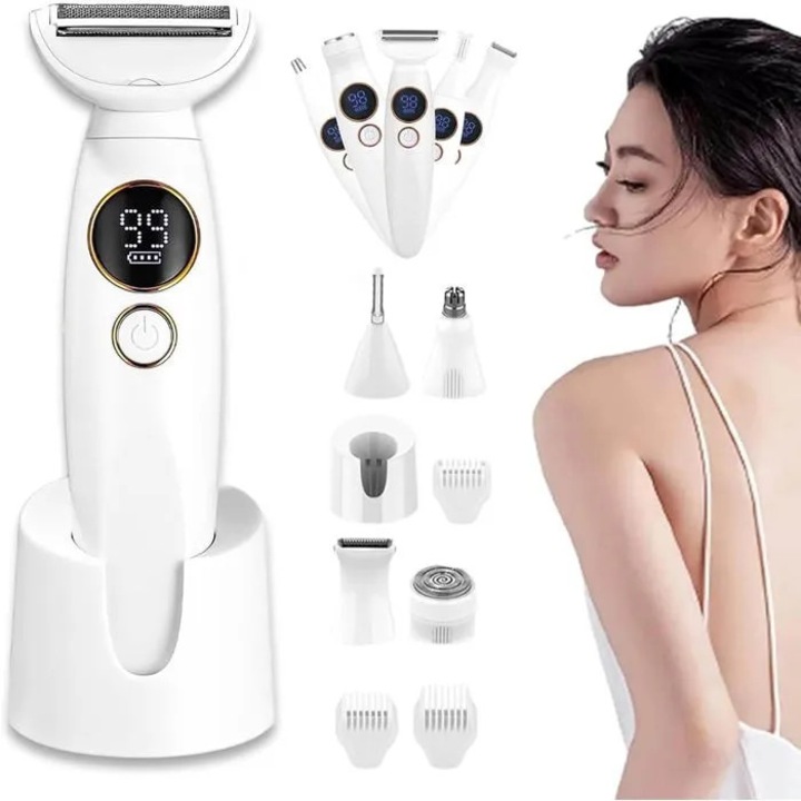 Aparat de ras electric pentru femei k0367-0714-HS7513, 5-in-1, capuri multiple (3 lame, tuns sprancene, trimmer facial), IPX7 rezistent la apa, afisaj LED, incarcare USB-C, alb