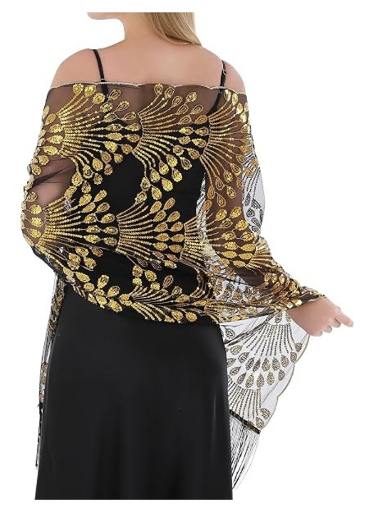 Sal din chiffon semitransparent cu paiete si franjuri k0367-0602-HS6719, negru/auriu, 60 x 190 cm