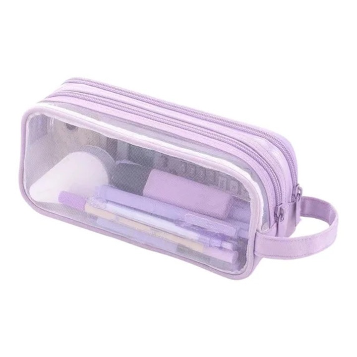 Penar transparent k0367-0722-HS7756, dublu strat, capacitate mare (pana la 80 pixuri), cu fermoar dublu si maner lateral, lavanda