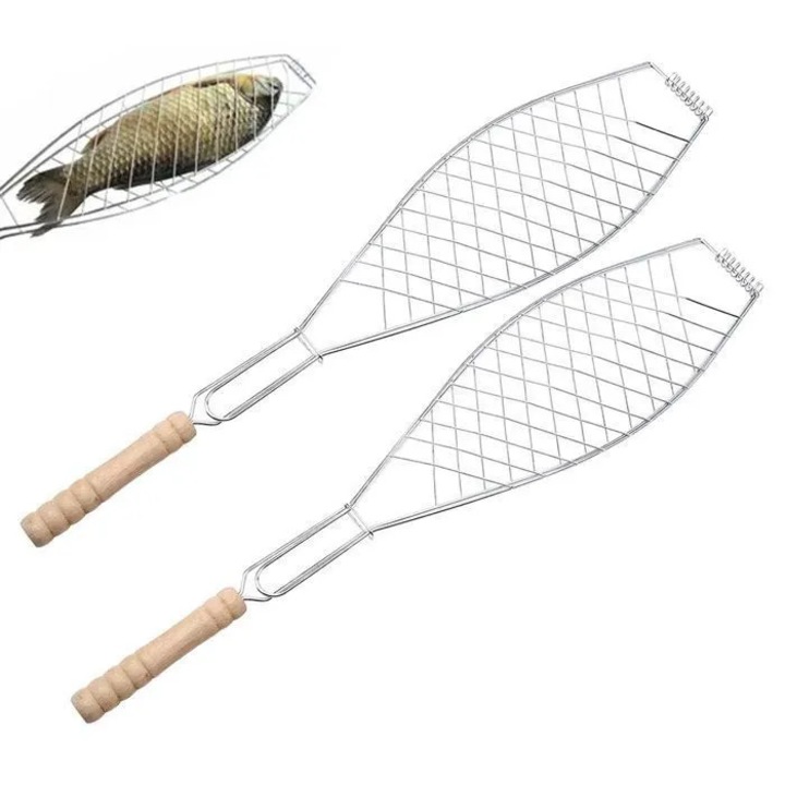 Grila pentru peste, set 2 bucati din otel cu maner din lemn, 10 x 54,5 cm
