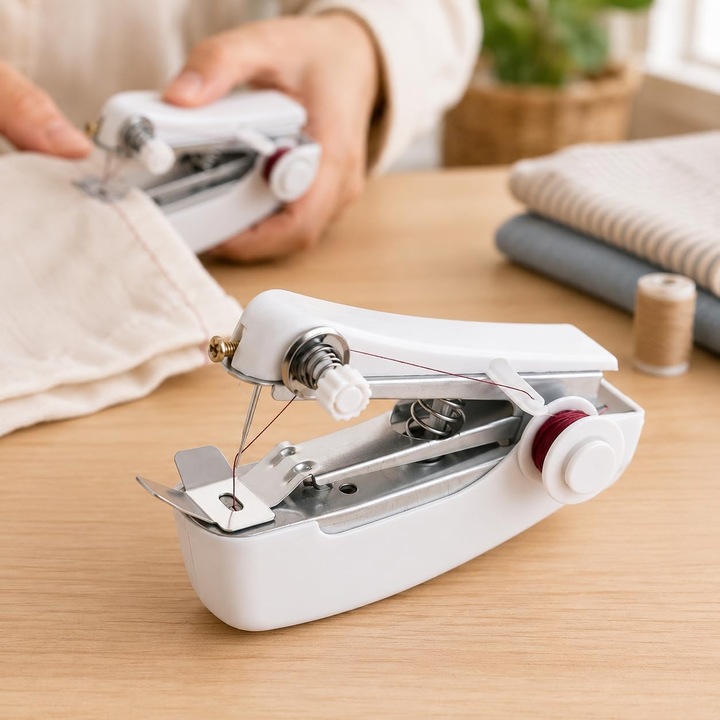 Masina de cusut manuala portabila K0472-0807-XL4869, mini pentru reparatii rapide si ajustari, alb