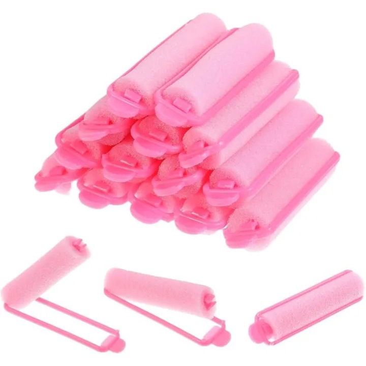 Set de 16 bigudiuri din spuma cu cadru plastic flexibil, fara incalzire, reutilizabile, nu deterioreaza parul, roz, 7 cm x 3 cm