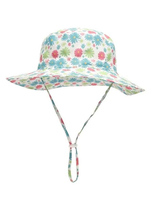 Palarie pentru copii din poliester, protectie UV, bor larg, snur reglabil la barbie, model floral albastru, S (44–46 cm), 0,5–2 ani