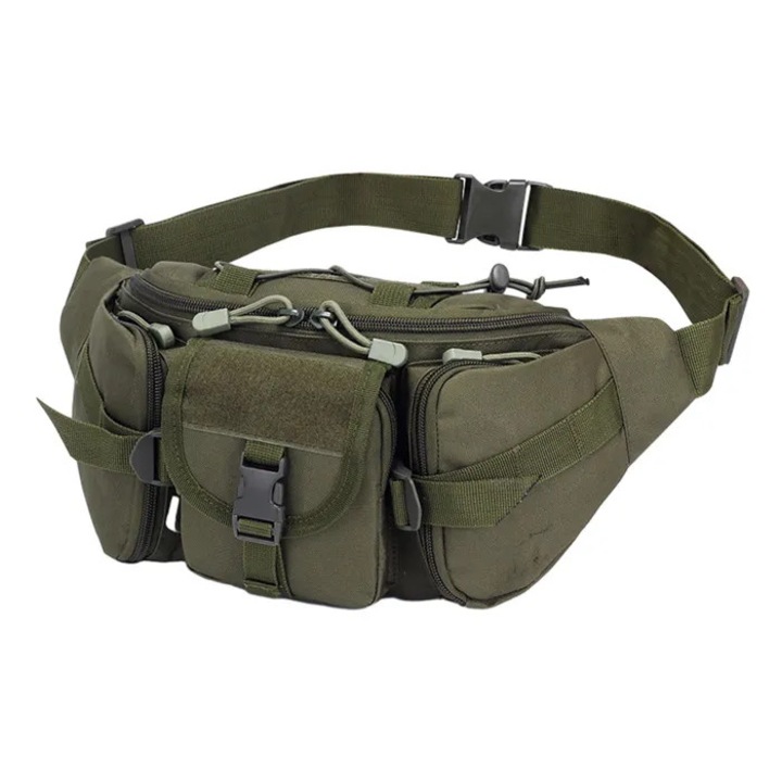 Borseta de talie din Oxford, fermoar bidirectional, multiple buzunare frontale cu velcro si catarama reglabila, verde olive