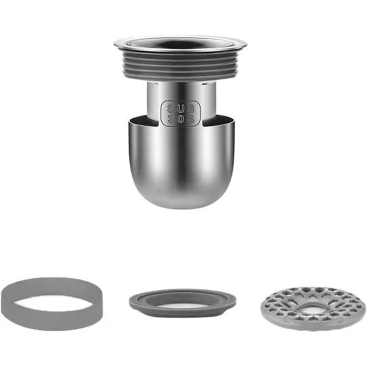 Ventil de scurgere k0367-0808-HS8325, cu supapa anti-retur si functie deodorant, inox SUS304, argintiu