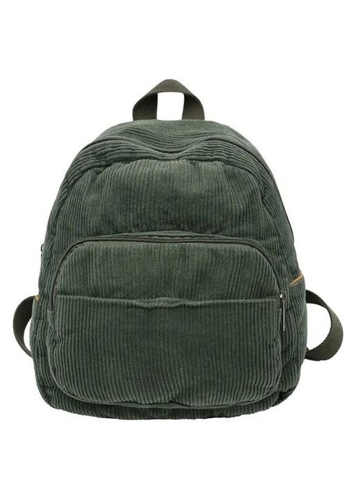 Rucsac dama mini din catifea cotelata, buzunare multiple, bretele reglabile si maner superior, verde, 26 x 11 x 28 cm