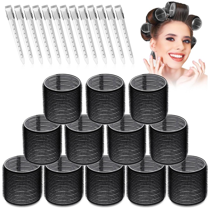 Set bigudiuri autoadezive extra mari din velcro cu 12 agrafe, 12 bigudiuri (O 6,35 cm, lungime 6,0 cm), negru
