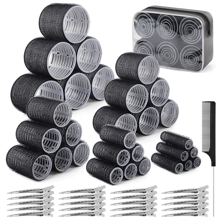 Set bigudiuri autoadezive din nylon si plastic 60 piese (5 dimensiuni: 60/48/36/25/15 mm), 28 cleme metalice, pieptene coada, geanta de depozitare, negru