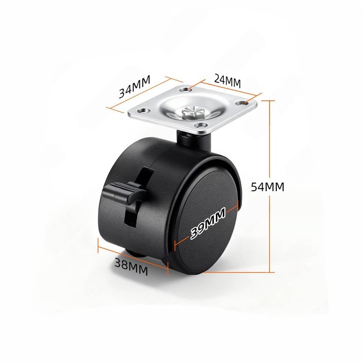 Set 4 roti pentru mobilier K0472-0613-XL3347, pivotante cu placuta de montaj si frana, 39 mm, negru