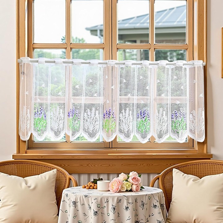 Perdea tip cafea dantela k0367-0808-HS8314, poliester, model lavanda, buzunar pentru tija, alb/lavanda, 139 x 48 cm, 1 buc.