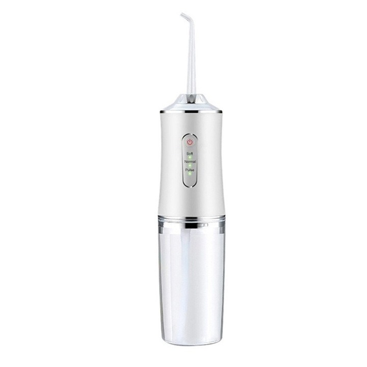 Irigator oral portabil K0472-0701-XL3598, tehnologie de pulsatii de inalta frecventa, duze interschimbabile, control inteligent al presiunii, alb/transparent