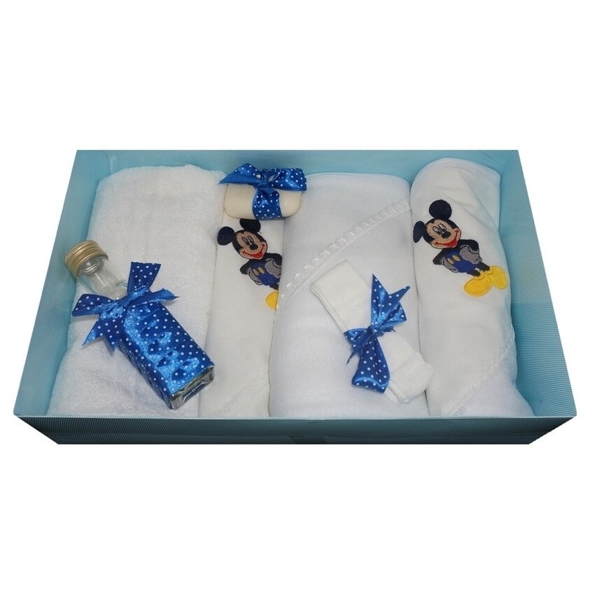 Trusou pentru botez, 7 piese, brodat cu figurina, Mickey Mouse, Little Angel, albastru