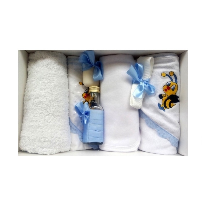 Trusou pentru botez, 7 piese, brodat cu figurina, Albinuta, Little Angel, bleu