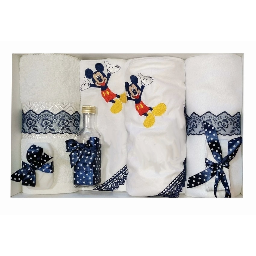 Trusou pentru botez, 7 piese, brodat cu figurina, Mickey Mouse, Little Angel, bleumarin
