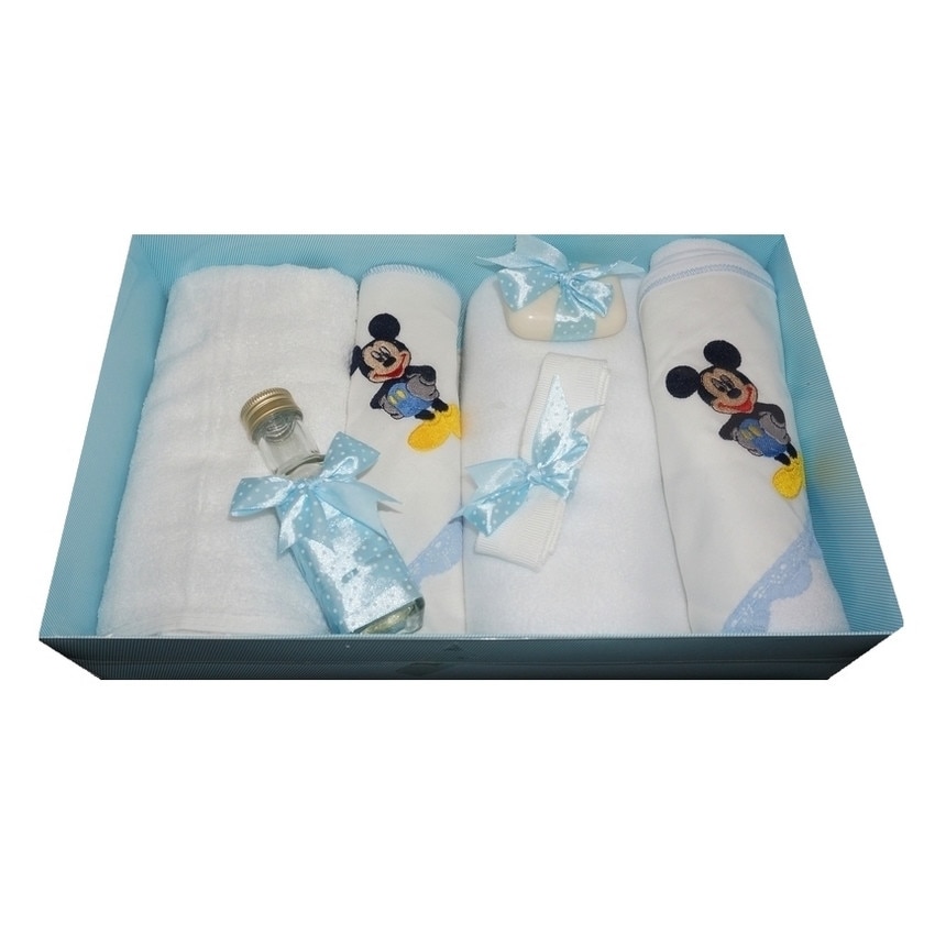 Trusou pentru botez, 7 piese, brodat cu figurina, Mickey Mouse, Little Angel, bleu