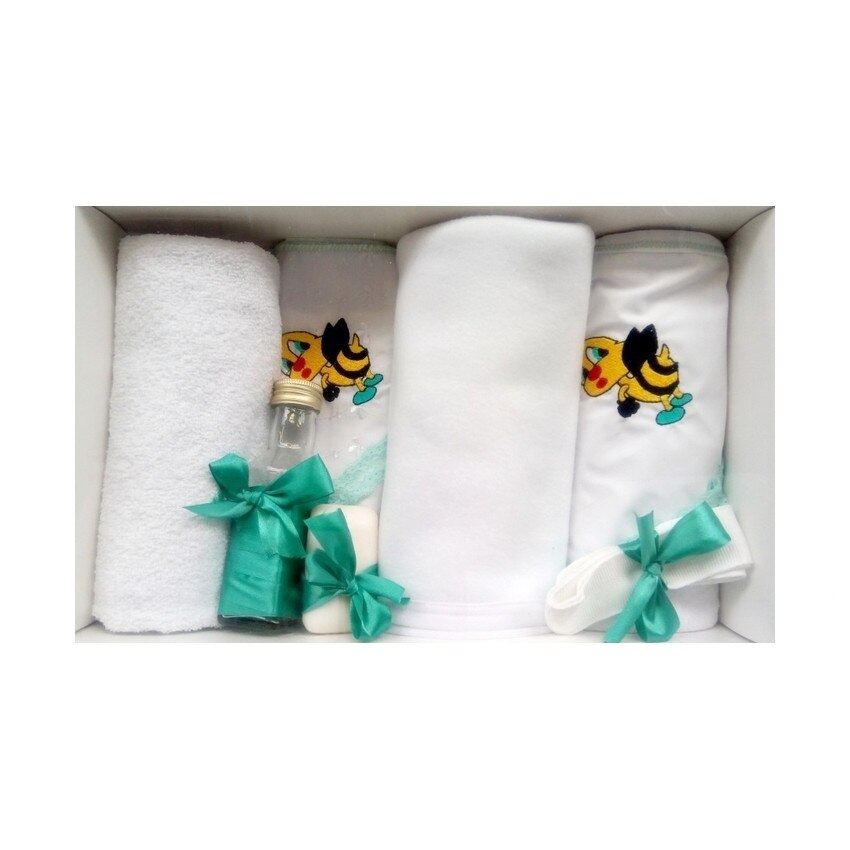 Trusou pentru botez, 7 piese, brodat cu figurina, Albinuta, Little Angel, verde