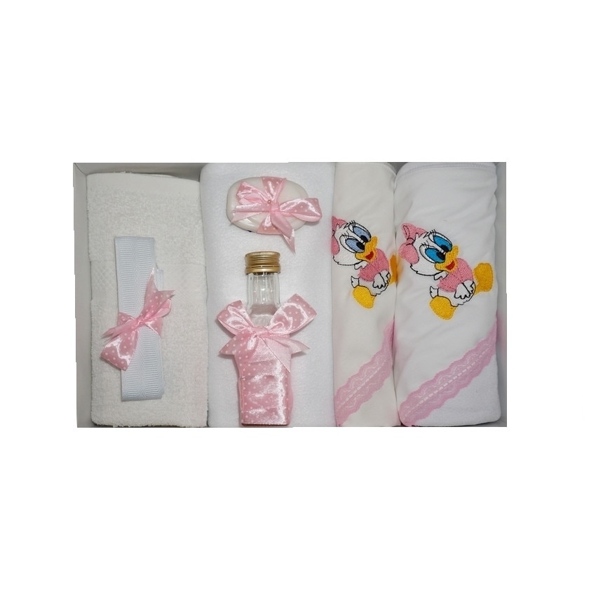 Trusou pentru botez, 7 piese, brodat cu figurina, Baby Daisy Donald, Little Angel, roz