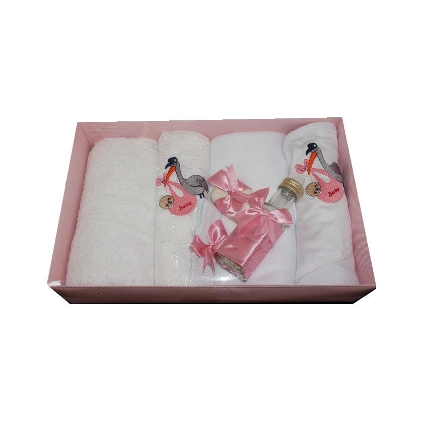 Trusou pentru botez, 7 piese, brodat cu figurina, Barza, Little Angel, roz