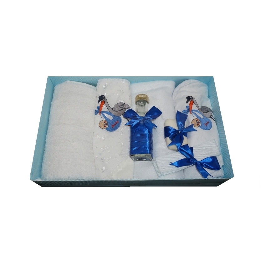 Trusou pentru botez, 7 piese, brodat cu figurina, Barza, Little Angel, albastru