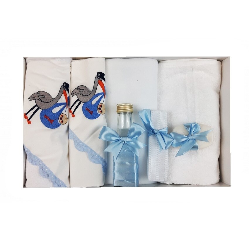 Trusou pentru botez, 7 piese, brodat cu figurina, Barza, Little Angel, bleu