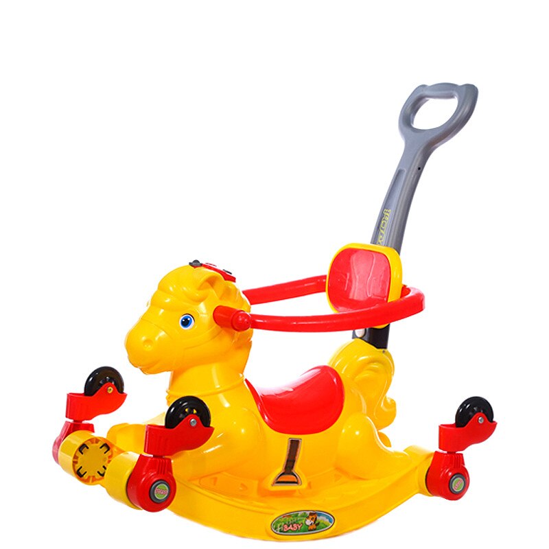 Trotineta Calut transformabila in balansoar NOVOKIDS HORSEE, Cu Melodii si roti din silicon, maner de impins pentru parinti, 4 roti,, Galben