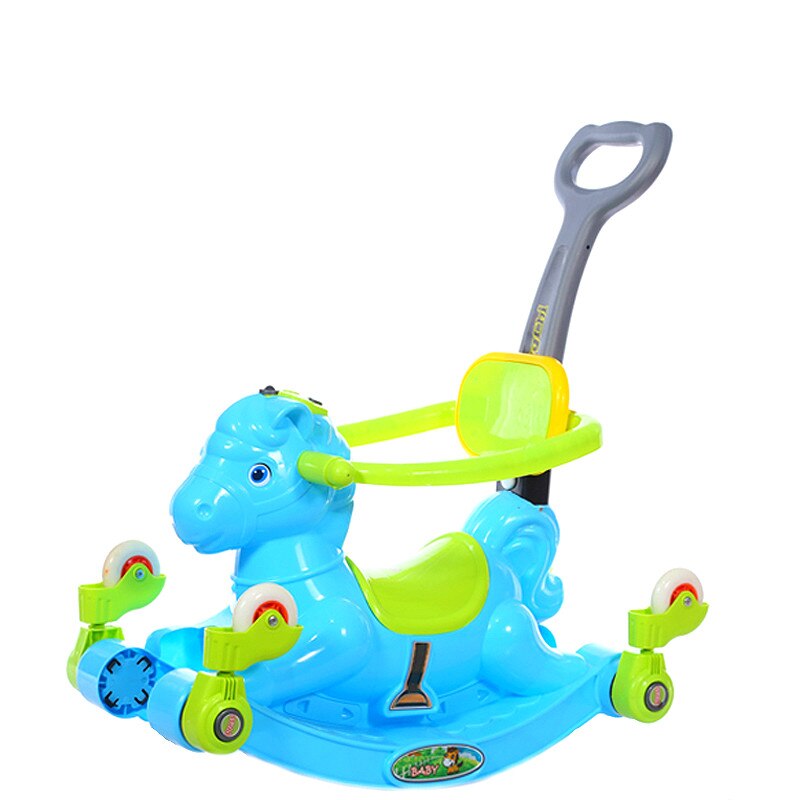 Trotineta Calut transformabila in balansoar NOVOKIDS HORSEE, Cu Melodii si roti din silicon, maner de impins pentru parinti, 4 roti, Albastru
