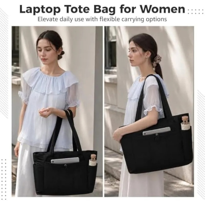 Geanta tote pentru laptop din material textil rezistent, buzunare multiple si maner dublu, cu sleeve pentru troler, negru, compatibila cu laptop 15.6 inch