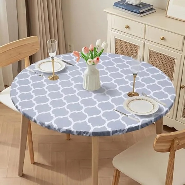 Kerek asztalterítő gumírozott széllel, vinil, 420 GSM, flanel hátoldal, rácsminta, szürke/fehér, 90–110 cm átmérőjű asztalokhoz