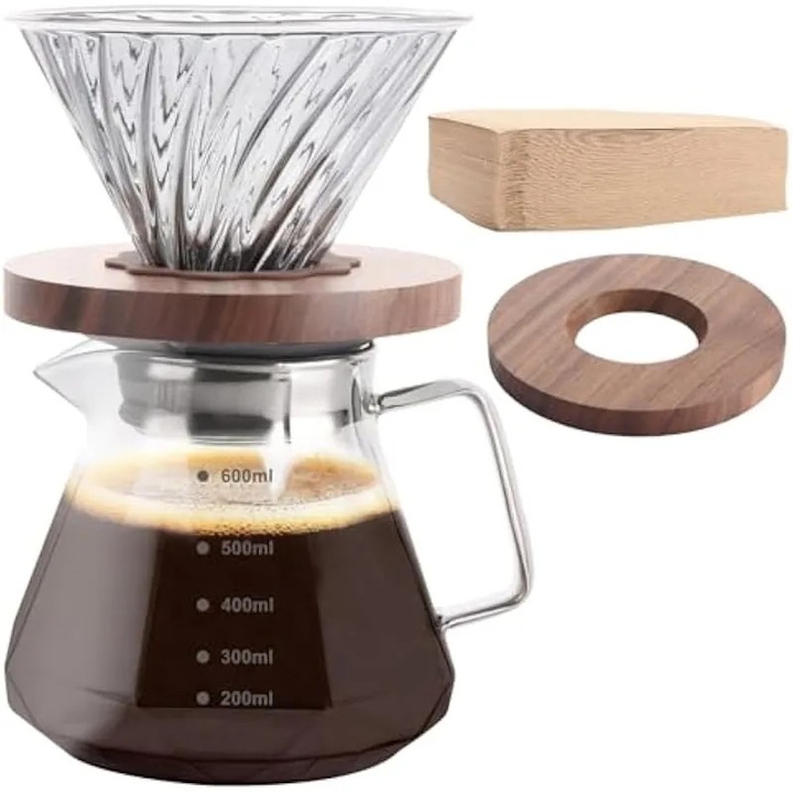 Set pour-over pentru cafea K0579-CJ-260818-0167, dripper din sticla borosilicata cu maner din nuc, carafa 600 ml, filtre conice Size 02 100 buc, transparent/maro