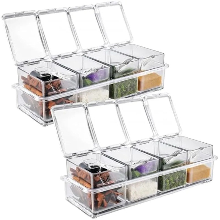 Set de 2 cutii pentru condimente cu 4 compartimente, cu capace si lingurite, plastic transparent, etanse