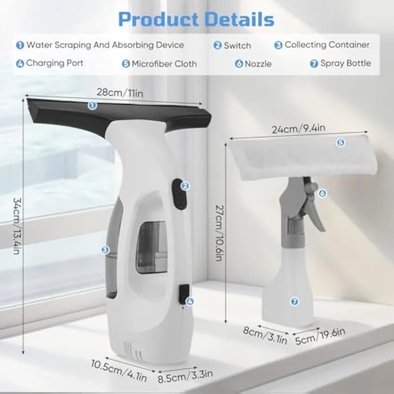 Aspirator pentru geamuri K0579-CJ-260818-0010 reincarcabil, rezervor 500 ml, baterie 2000 mAh 30 min autonomie, 5000 Pa, gura aspirare 280 mm, cu pulverizator, alb/negru