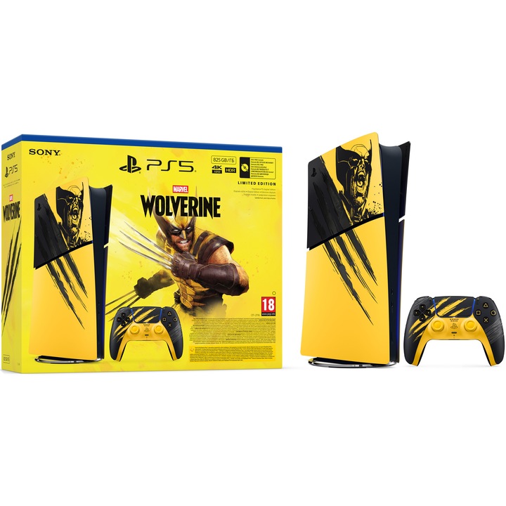 Consola PlayStation 5 Digital Edition (PS5) Slim, 825GB SSD, E-Chassis, Marvel’s Wolverine Battle Yellow Limited Edition