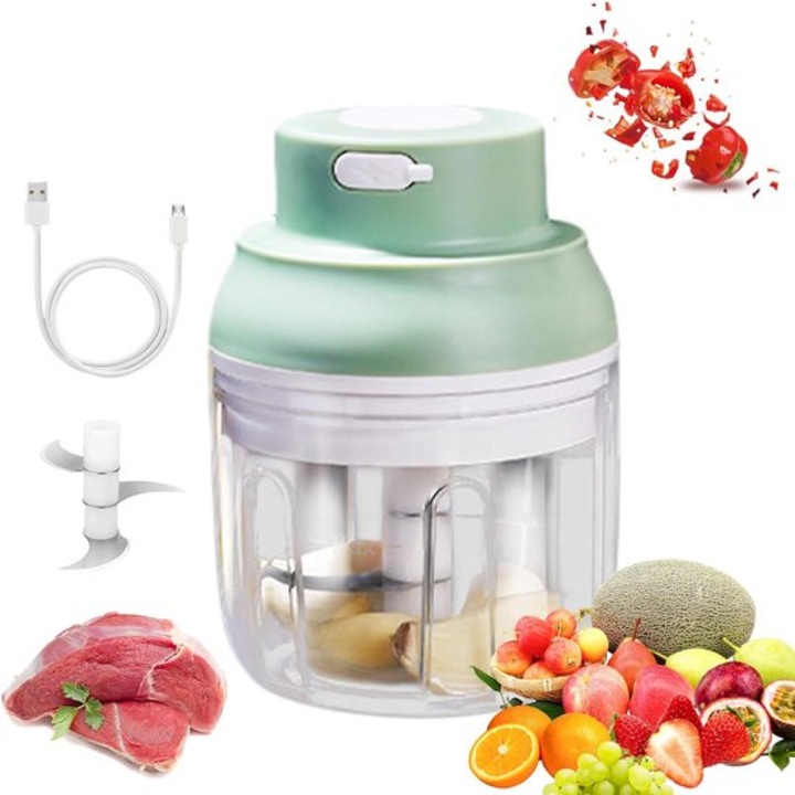 GM-K0513-260807-034 elektromos zöldségaprító, USB tölthető, 250 ml-es tál, rozsdamentes acél penge, biztonsági zár, vízálló, akár 36 használat/töltés, zöld/átlátszó