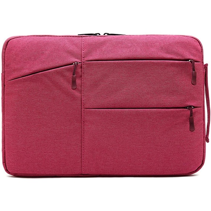 Husa pentru laptop din material textil cu maner si buzunare frontale, roz, 15 inch