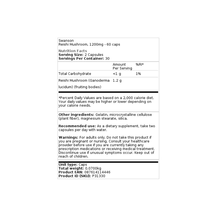 Swanson Рейши гъби 600 mg, 60 капсули