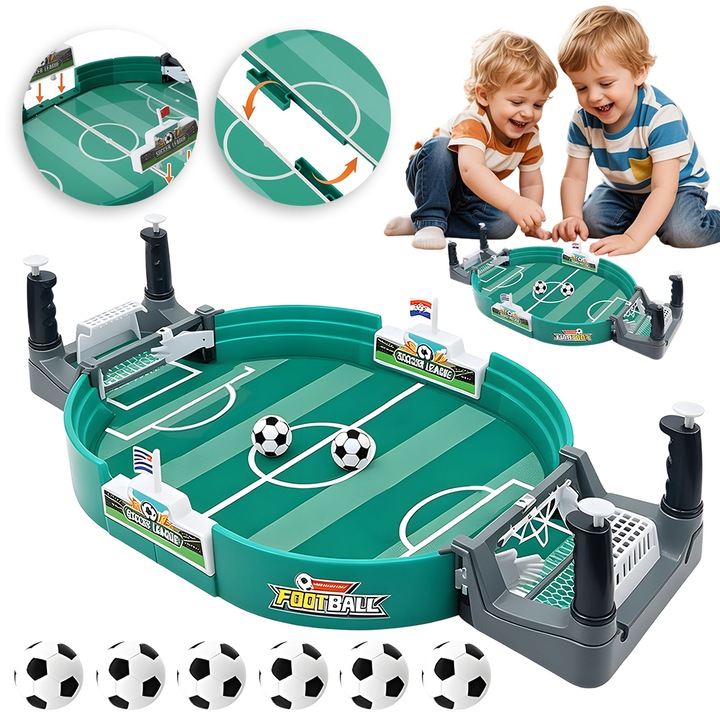 Set mini fotbal de masa, Juksun, Minge de fotbal de masa, set cu 6 mingi, pentru 2 jucatori, seara de jocuri in familie, ABS, 42*21*9cm, verde