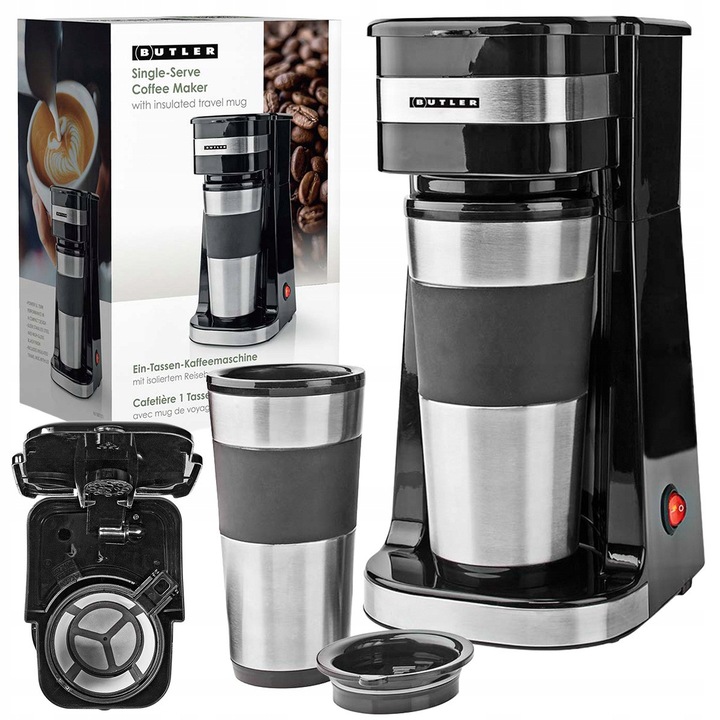 Set Cafetiera Single-Serve, Butler 16100131, Cana Termica, Filtru Nylon, 750W, Negru
