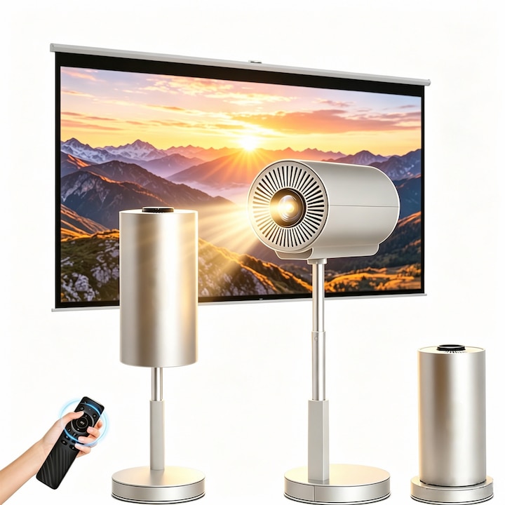 Mini Videoproiector 4K 3D TS-3, Wulnar, 1200 ANSI Lumeni, 1GB RAM+8GB ROM, Wifi, Bt5.0, Suport Telescopic Rotativ 90° Integrat, Sunet HIFI, HDMI, USB, Mirroring iOS/Android, Bt Home Cinema, Interior, 215x120x120mm, Auriu