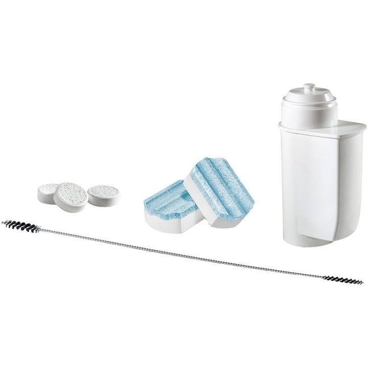 Set intretinere Siemens TZ8004 pentru espressoarele Siemens/Bosch: 1 filtru Brita, 6 tablete decalcifiere, 10 tablete curatare, 1 perie
