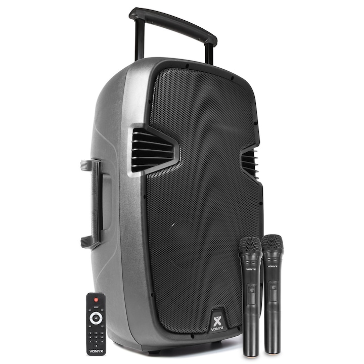 Преносима тонколонка с 2 UHF микрофона, Активна, 15", Bluetooth/USB/SD, 300W RMS, Vonyx SPJ-PA915