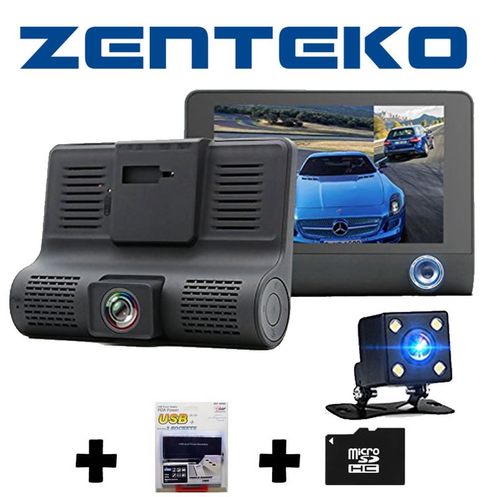 Camera Auto Zenteko™ Full HD cu 3 Camere cu Card micro SD 32GB si priza tripla auto