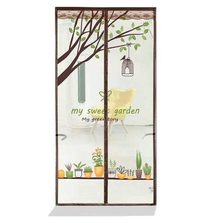 Plasa de usa anti-insecte cu inchidere magnetica de sus pana jos, model My Sweet Garden, maro cu imprimeu, 90 x 205 cm, 31CJ-K0274-260818-8340