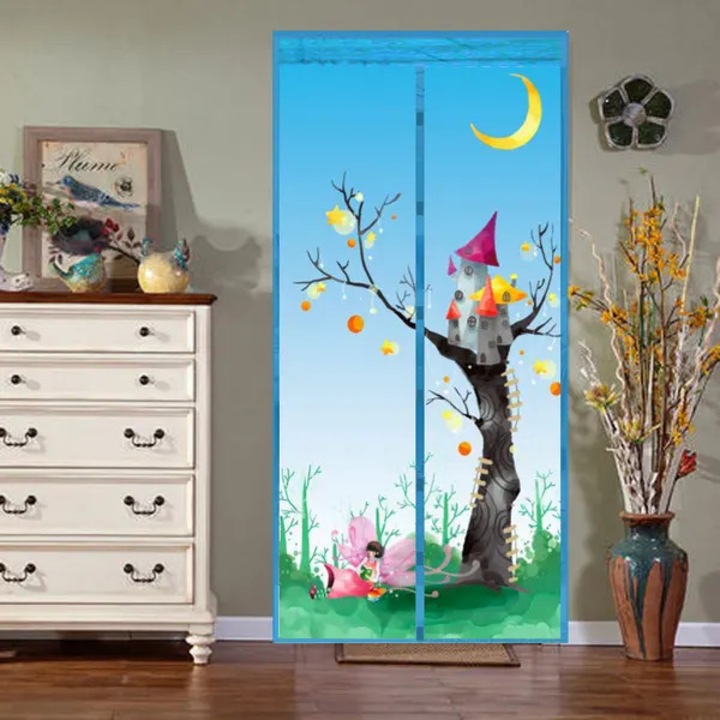 Perdea plasa pentru usa, model Flower Fairy, cu inchidere magnetica, plasa densa anti-tantari, bleu cer, 90 x 210 cm
