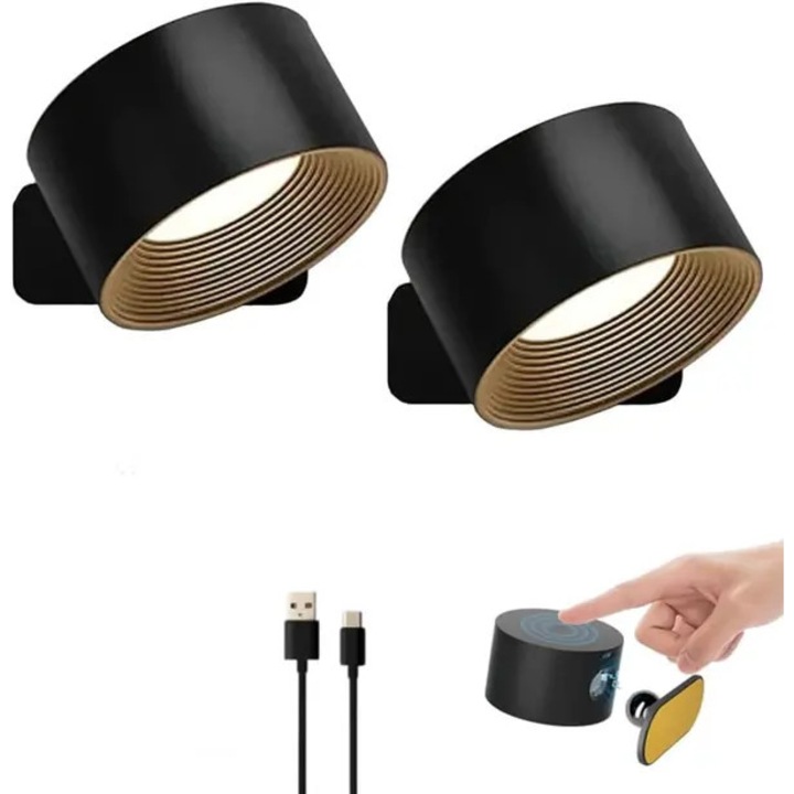 LED акумулаторна стенна лампа STALVA-CJ-K0502-20260818-1857, комплект 2 бр., регулируема въртяща се, USB зареждане, безжичен монтаж, черна