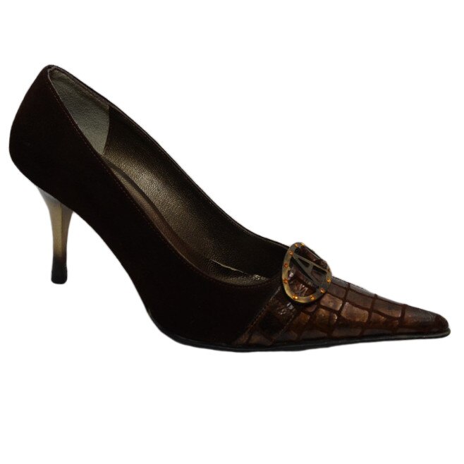 Pantofi din piele naturala, cu decor de catarama cu cristale, D&J Exclusive, Maro