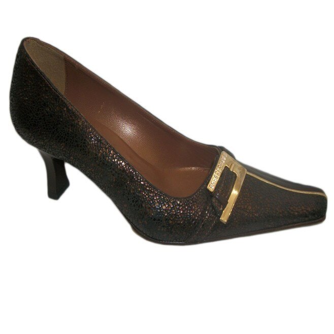 Pantofi clasici, cu toc de inaltime medie, cu decor auriu, D&J Exclusive, Maro, 37