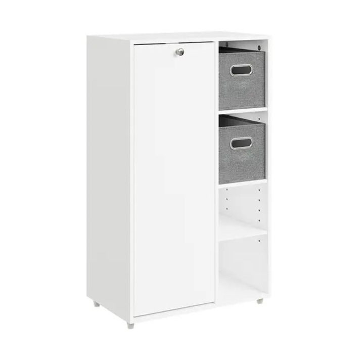 Dulap pentru baie STALVA-CJ-K0502-20260818-7116, PAL melaminat, 1 usa cu maner rotund, 3 compartimente deschise cu 2 polite reglabile, cosuri textile, alb, 50×30×85 cm