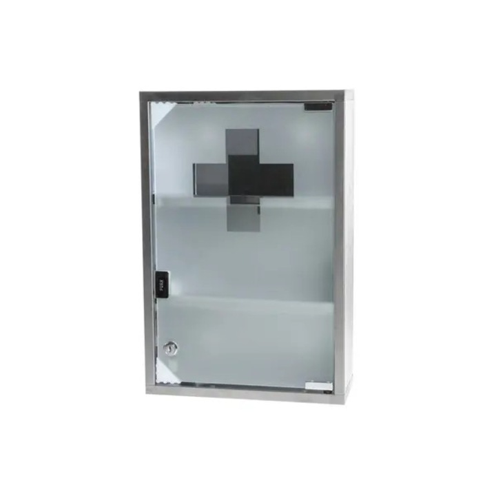 Dulap pentru medicamente STALVA-CJ-K0502-20260818-7049, din otel inoxidabil cu usa din sticla mata cu cruce, argintiu, 30 x 12 x 45 cm