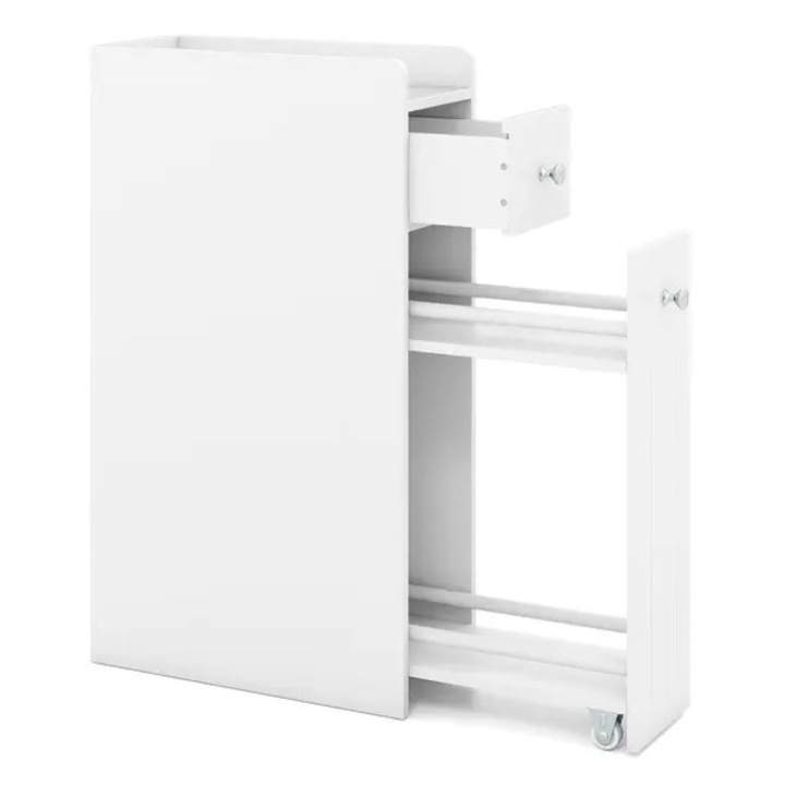 Corp ingust de baie din MDF cu sertar glisant si raft extensibil, alb, 40 x 18 x 70 cm, capacitate maxima 30 kg